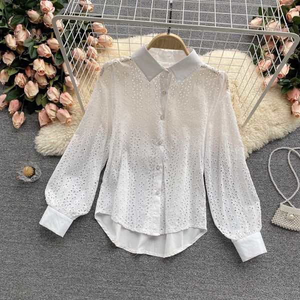 

women's knits & tees white shirt fashion vintage embroidered hollow long-sleeved spring elegant clothes blouse camisas mujer