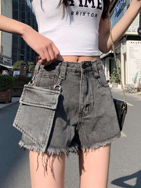 

women's jeans high waist 2021 summer denim shorts version loose and slim big pocket rough edge wide leg pants 14nz, Blue