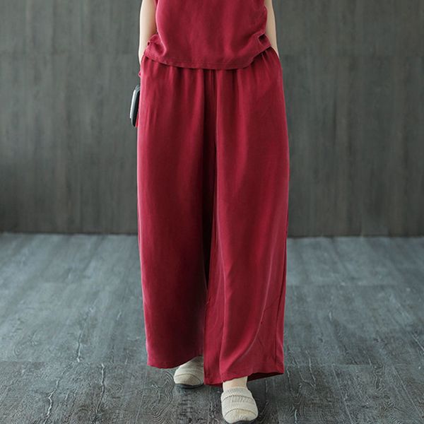 

johnature loose retro full length elastic waist wide leg pants summer simple comfortable 4 color all-match women pants 210521, Blue