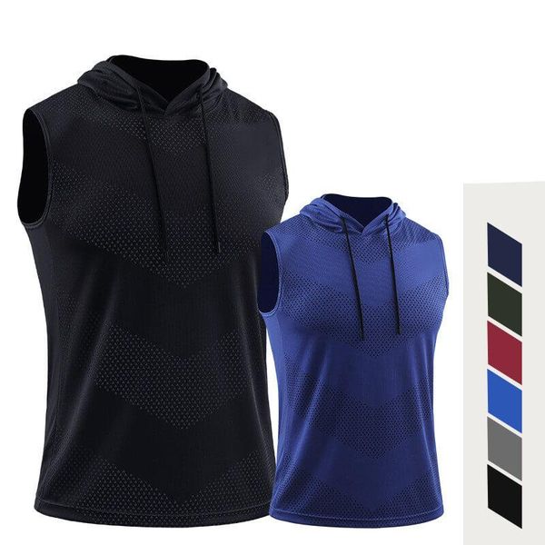 

mens fitness gyms tank men hooded sleeveless shirt male mesh breathable sports vest undershirt running t jerseys, Black;blue