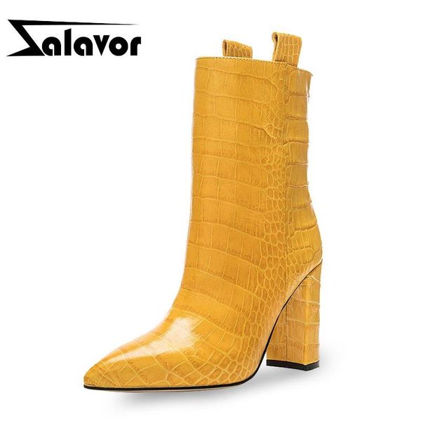 

boots zalavor short women plus size 35-48 winter high heels ankle fashion stone pattern pointed toe casual shoes, Black
