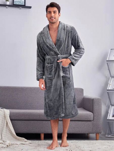 

men double pocket shawl collar belted flannel robe g9yv#, Black;brown