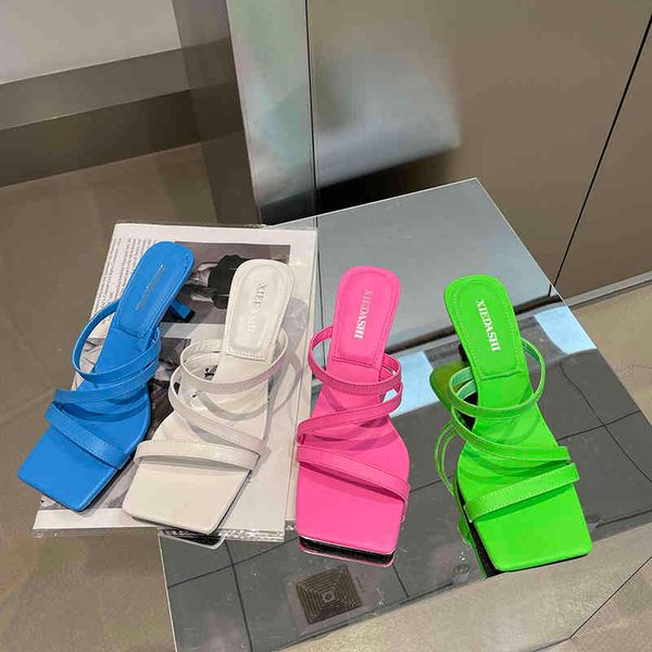 

sandals narrow toe women slippers blue/white/pink/green thin high heels open slip on mules shoes woman party slides flip flops pum, Black