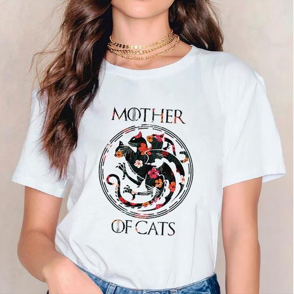 

flower mother of cat print womens love cartoon 90s clothes tshirts ladies graphic female tee clothing, White