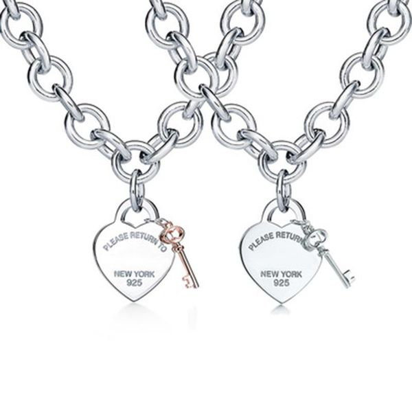 

chains 925 sterling silver necklace custom fashion charming two-color heart-shaped key couple gift with logo