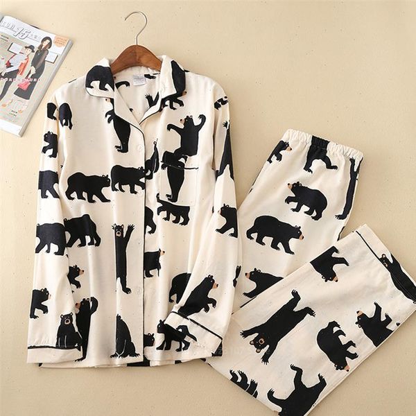 

cartoon print pajamas set women sleepwear 100% cotton long sleeve home nightclothes sleep wear pijama clothing pants sets, Black;red