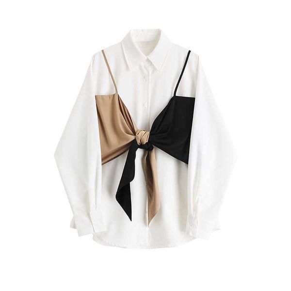 

women blouses fake two pieces button up shirt korean fashion plus size long sleeve bow patchwork autumn 2002# 210527, White