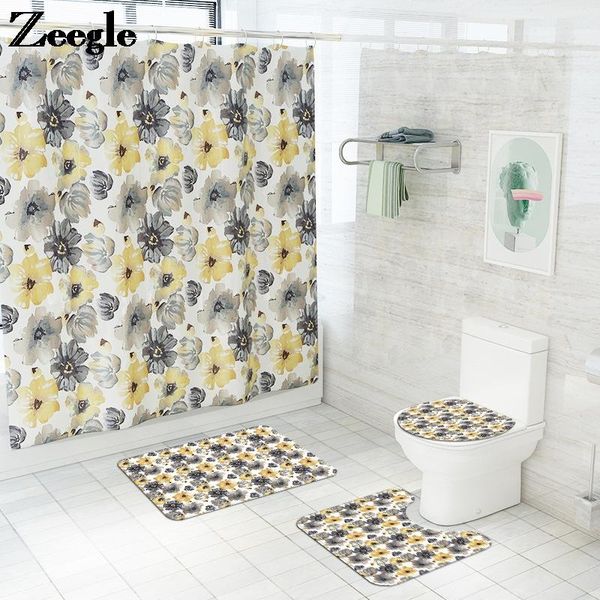 

bathroom carpet rug flower print bath mat and waterproof shower curtain set memory foam toilet anti-slip foot mats