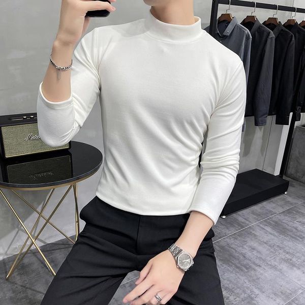 

men's t-shirts stylish turtleneck velvet long sleeve slim fit blue elegant mens winter white plush blouse england pullover jumper, White;black