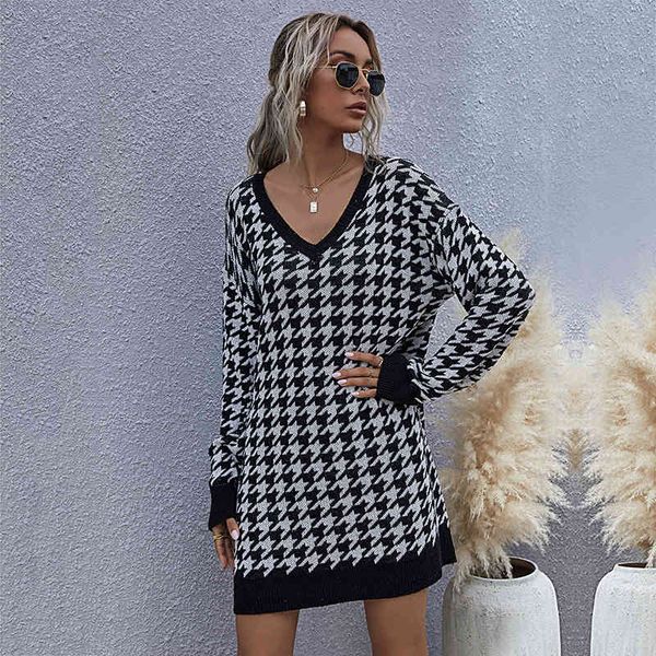 

casual dresses houndstooth jumper sweater women autumn winter fashion knitted pullovers medium long v neck ladies 76r1, Black;gray