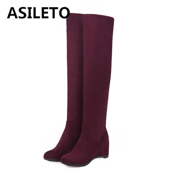 

boots asileto autumn winter women's fashion solid colors warm over the knee long 44 high round toe wedges shoes f1296, Black