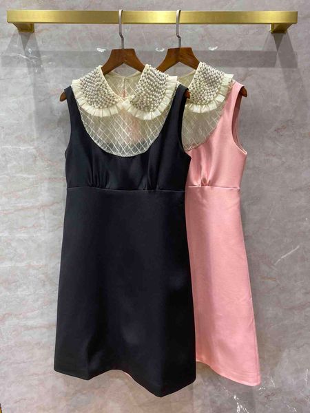 

dress luxury brand women pink mini summer zipper back sleeveless diamond pearl collar mesh patchwork slim dress, Black;gray