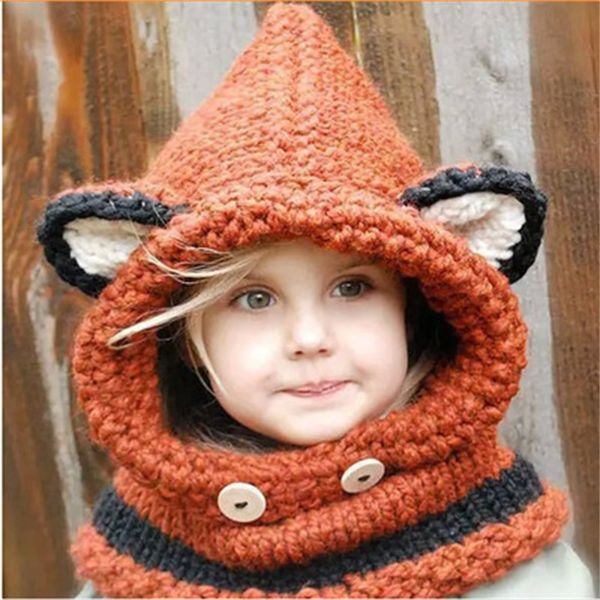 Fox Design Winter Mützen Winddichte Hüte und Schal Set für Kinder Kinder Häkeln Kopfbedeckung Weiche Warme Hüte 3 Design C3