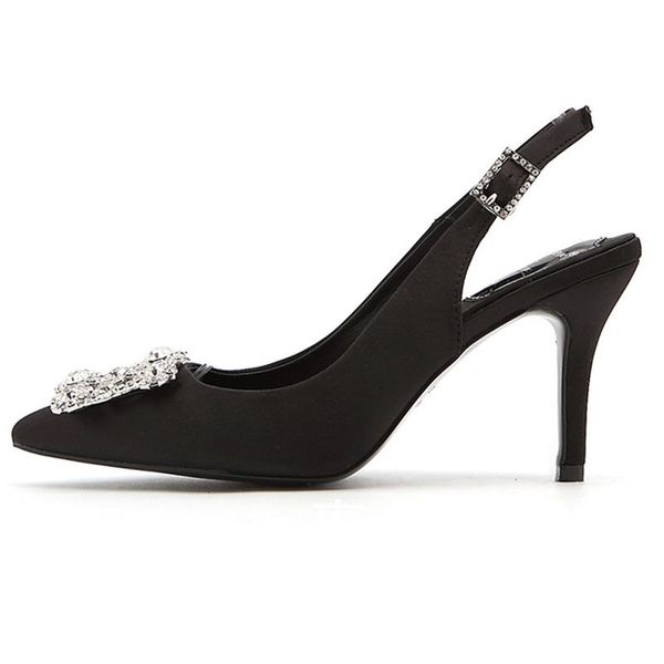 

spring women shoes silk pumps high heels elegant buckle rhinestone pointed toe wedding brand design sandals, Black
