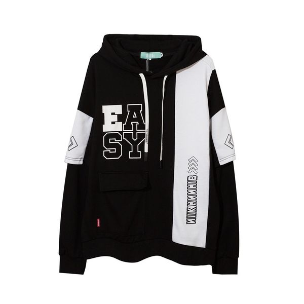 

chaopai american high street splicing fake two-piece hoodie pullover sweater men's youth street large hoodie, Black