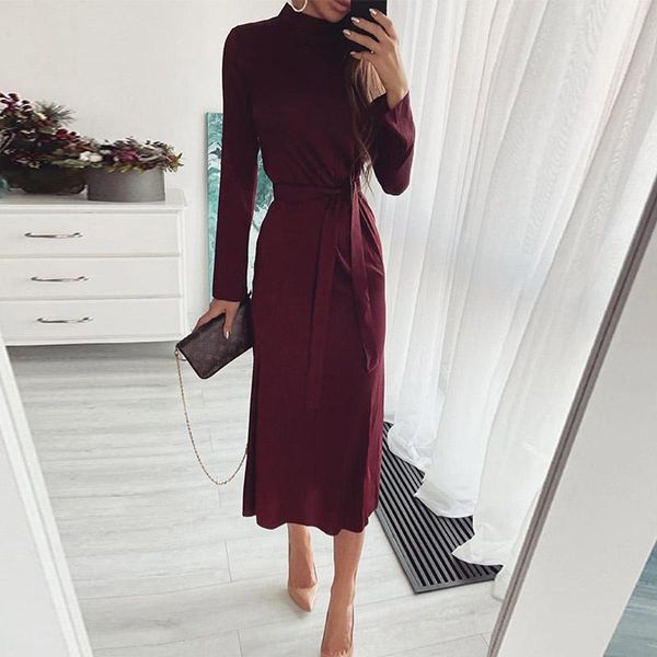 

casual dresses elegant women maxi party dress autumn long sleeve lace-up belt solid fashion office lady temperament turtleneck slim, Black;gray