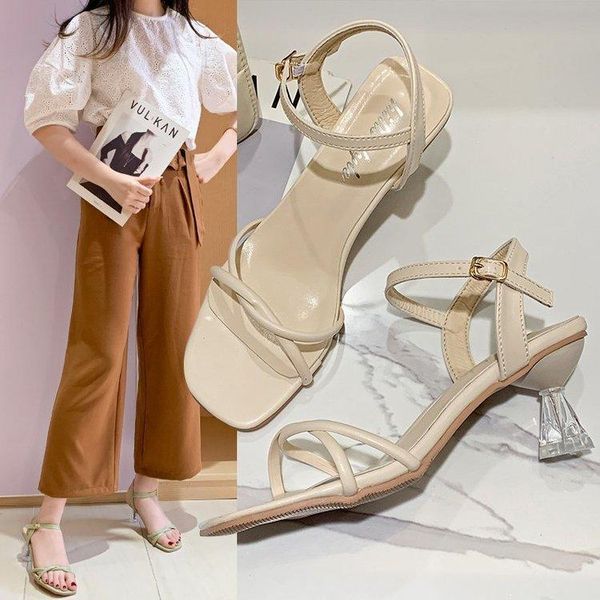 

sandals 2021european cross narrow band pu gladiator women buckle belt fairy solid color thick high heels, Black