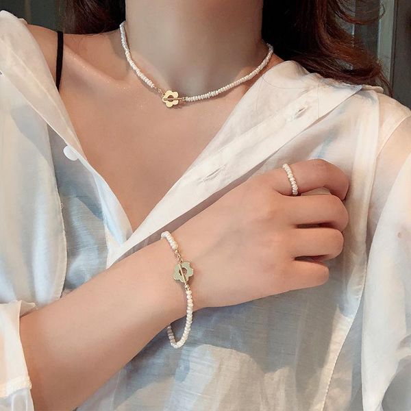 

link, chain french style retro elegant natural baroque shaped small pearl necklace bracelet metal flower clavicle female, Black