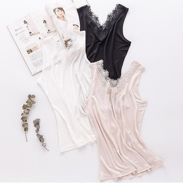 

tanks women's silk 50% viscose lace v neck sleeveless t-shirts vest tank  l xl 2xl xs001, White