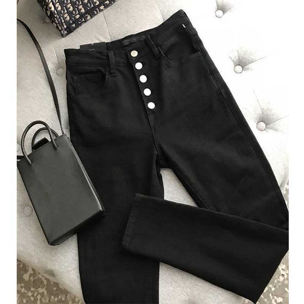 

women's jeans skinny brim pants high female casual black waistband thin denim unique jeans breasted golden buttons fit pencil e26h, Blue