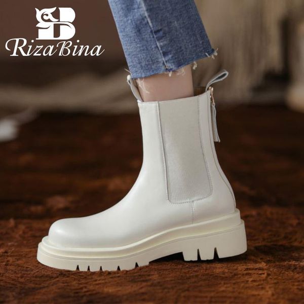 

boots rizabina size 33-40 women genuine leather ankle zipper low heel round toe solid color short ladies footwear, Black
