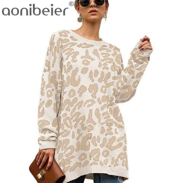 Aonobeier Maglione lungo lavorato a maglia con stampa leopardata Donna Autunno Inverno Manica lunga da donna Pullover Maglione allentato casual di Natale 210604