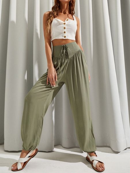 

luukse lace up waist solid tapered pants 527h#, Black;white