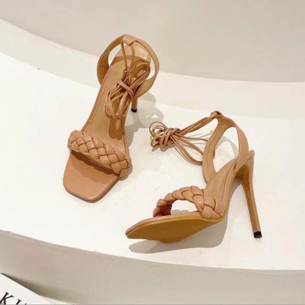 

sandals women summer party dress shoes fashion weaving leather square toe ankle cross lace-up gladiator stiletto heels 2021, Black