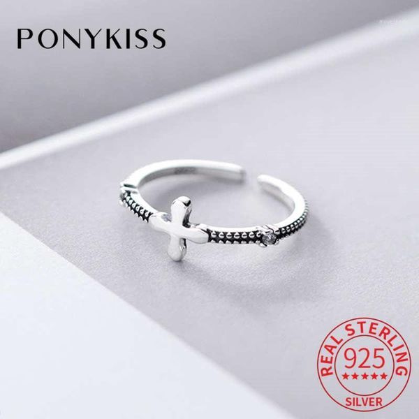 

cluster rings ponykiss 100% 925 sterling silver plus symbol opening adjustable zircon ring for women fine jewelry accessory girl party gift1, Golden;silver