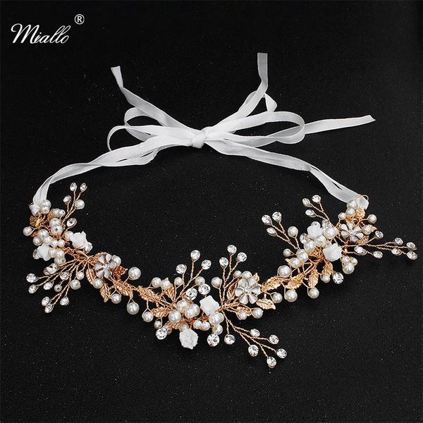 

hair clips & barrettes miallo classic white flowers vine gold color leaves headband wedding crystal pearls handmade accessories jewelry head, Golden;silver