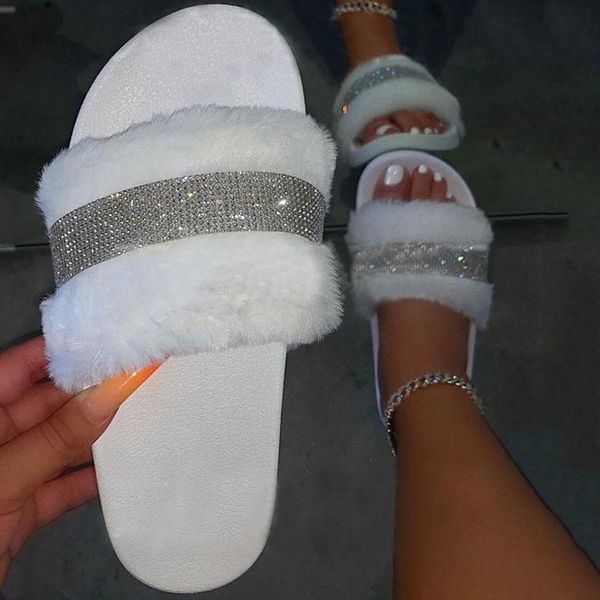 

luxury designer women fur rhinestone slippers flat shoes solid fluffy furry slides outside ladies open toe 2021, Black