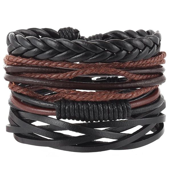 

charm bracelets 4pcs/set hippie punk black leather brown cord rope macrame knots wrap wide stackable bangles for man hand jewelry, Golden;silver