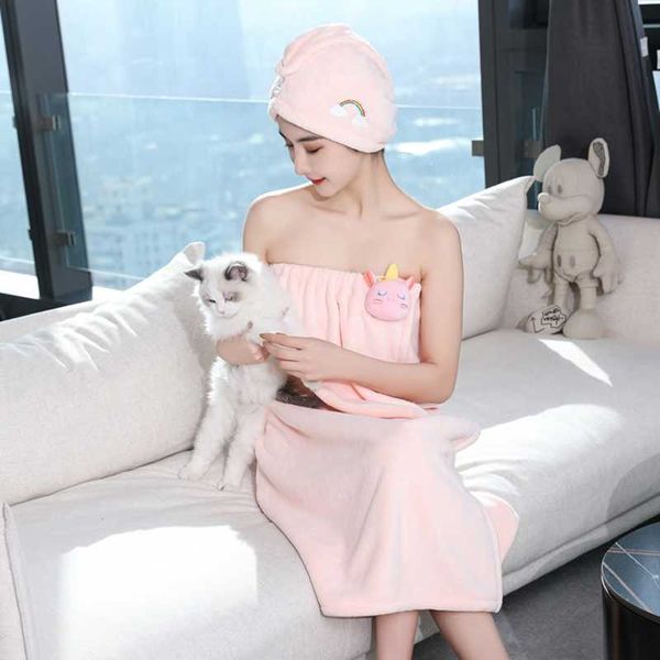 

towel cartoon coral fleece absorbent female bath towel, shower cap, bathing, breast-wrapped skirt, dry hair adult