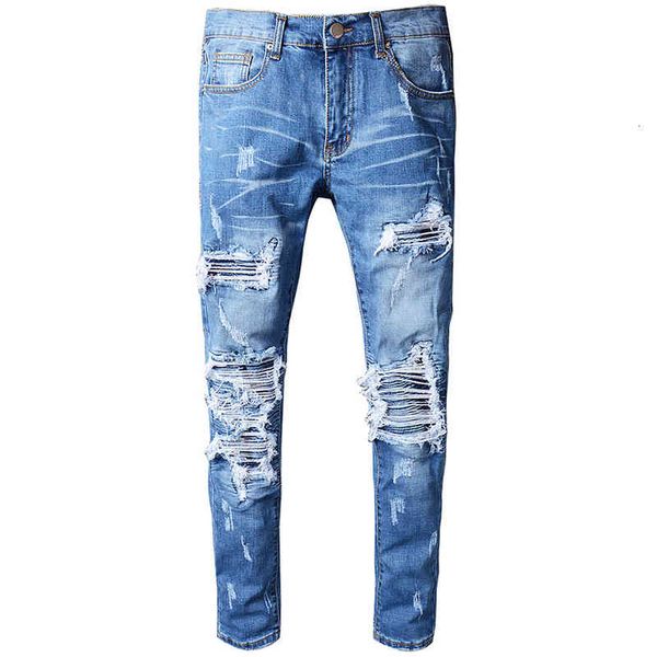 

brand men's stripe painted blue fashion slim skinny holes patchwork stretch denim jeans pants for man big size 40 604