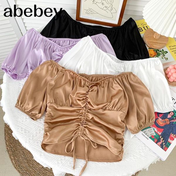 

women's blouses & shirts fashion slash neck puff sleeve shirt drawstring lace up high waist pleated solid short 2021 summer women, White