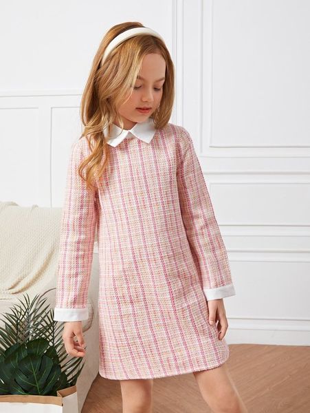 

girls contrast collar tweed dress she, Red;yellow