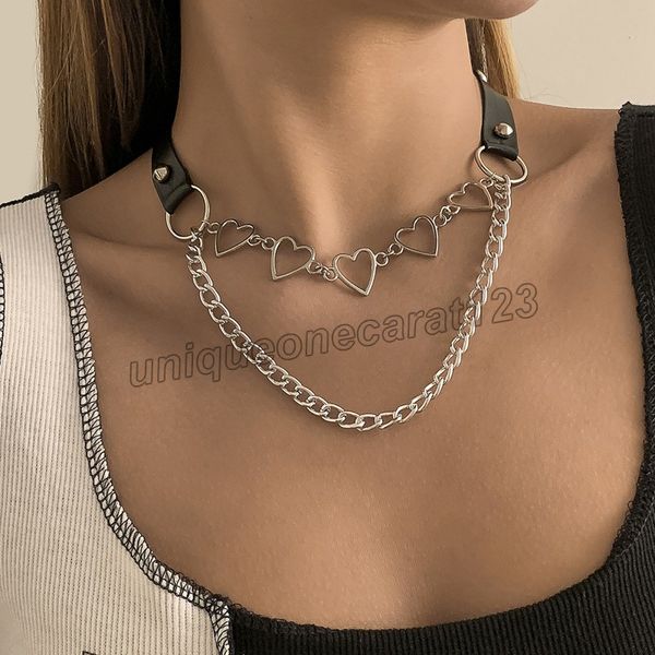 

2021 fashion pu leather heart choker necklace women chocker necklaces punk statement jewelry collier wedding jewelry, Golden;silver