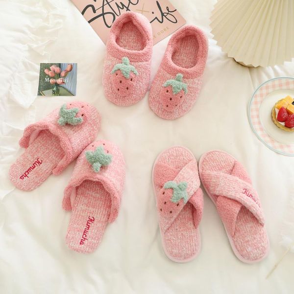 

cute cartoon strawberry home women fur slippers winter warm plush floor slides house flat bedroom furry slippes, Black