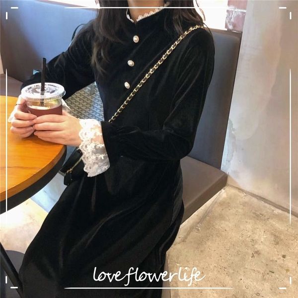 

vintage dress women elegant loose office patchwork flare sleeve gothic midi dress female party dress autumn 210521, Black;gray