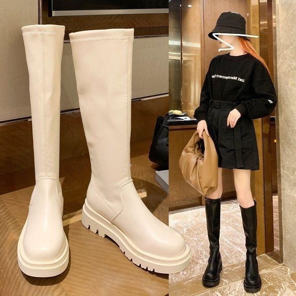 

boots long female 2021 spring and summer single shoes tube small man versatile thin leather, Black