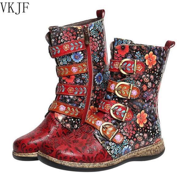 

boots women retro printed metal buckle leather zipper ankle fuzzy ladies shoes winter botines mujer 2021, Black