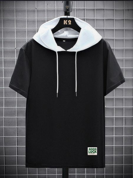 

men slogan patch detail colorblock drawstring hooded tee v3bv#, White;black