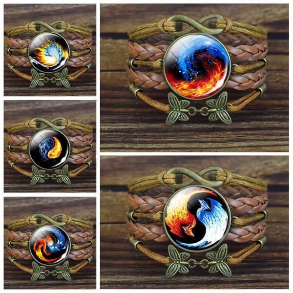 Link, cadeia 1 pc tai chi yin yang pulseira de couro marrom fogo e água phoenix padrão vidro cabochão jóias bronze tecido