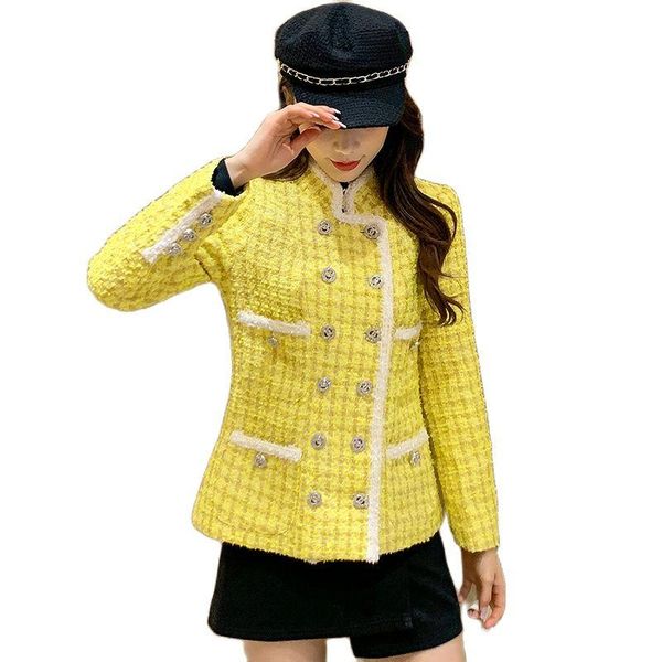 

women's wool & blends fashion high-quality tweed french design british ladies temperament stand-up collar double-breasted jacket clothi, Black
