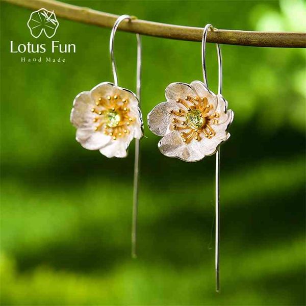 

lotus fun blooming anemone flower dangle earrings real 925 sterling silver handmade designer fine jewelry for women 210625, Golden;silver