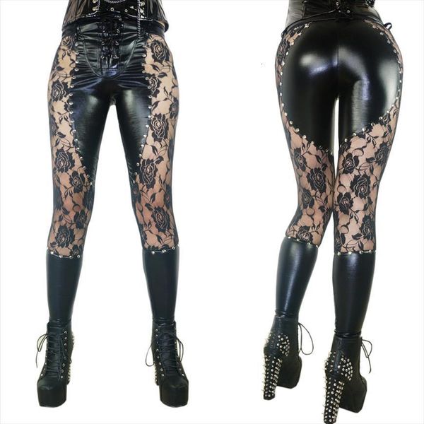 

leather lace patchwork fitness womens leggings leggins punk rock floral printed up gothic black jeggings pants
