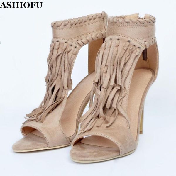 

handmade retro ladies high heel sandals fringed t-style party summer shoes large size fashion evening, Black