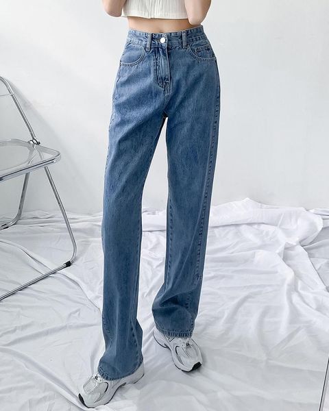 

women's jeans autumn loose straight pants for women casual high waist ladies pockets patchwork denim female trousers 2021 wj318, Blue