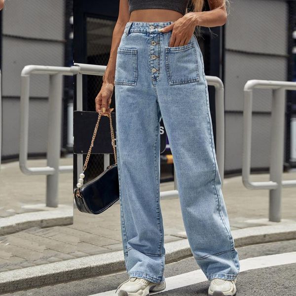 

women's jeans high waist loose for women cotton comfortable fashion casual straight leg baggy pants mom washed boyfriend, Blue