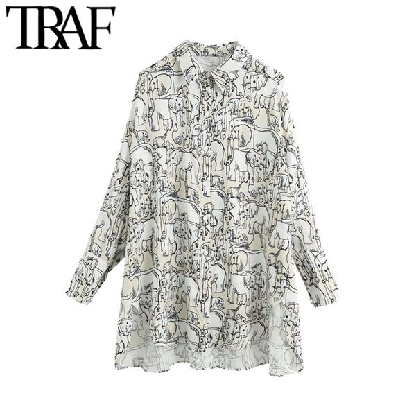 

women fashion oversized animal print asymmetric blouses vintage long sleeve button-up female shirts chic 210507, White